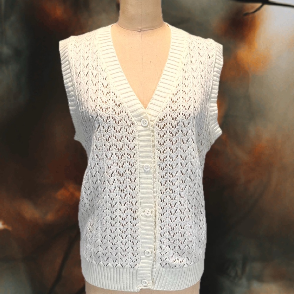 VINTAGE 70s crochet open lace hole knit sweater cardigan button front‎ v neck